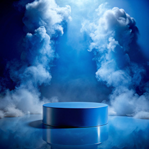 Blue background with a product podium surrounded by blue clouds. Smoke, fog, steam background