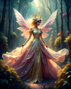 a translucent fairy wearing a long diaphanous pink and golden dress and a silver crown, flying on a golden magic dragon through a wild forest