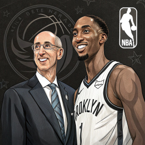 Adam Silver, NBA Commissioner, and Rondae Hollis-Jefferson, professional basketball player, pose for a picture at the NBA Awards Show. Black background with NBA logos