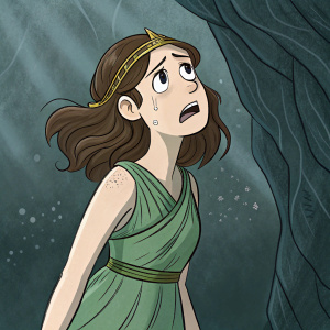 Digital illustration of Eurydice from Greek mythology. Distressed facial expression. Brown hair and green dress. Dark, textured, shadowy rocky crevasse background. Cartoon-like style, conveying emotion and movement through exaggerated forms and lines.