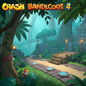 An animated scene from Crash Bandicoot 4. Lush green jungle with vibrant teal tones. Interactive game elements like moving platforms and obstacles. Game title banner at top