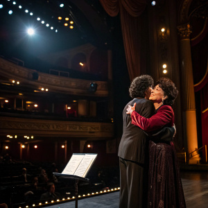 Lisa Mordente and Chita Rivera embracing on Broadway stage. Dimly lit with spotlights. Music stands in foreground.