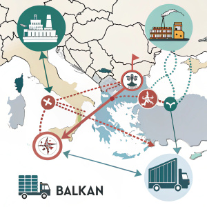 A detailed infographic illustrating complex economic transactions and relationships along the Balkan route, highlighting trade flows between multiple countries.