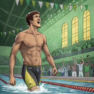 Nathan Adrian, wearing swimming trunks, emerging from a pool. Behind him is a vibrant green gymnasium. Crowds cheer.