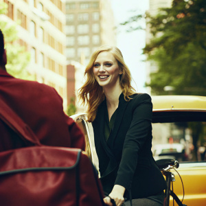 Deborah Ann Woll, in a casual black blazer, smiling warmly. Urban street scene with tall buildings in the background.