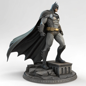 High-resolution 3D rendering of a Batman statue by Spawning Pool Studio. Dynamic and heroic pose, dark toned with cape, utility belt, and muscular physique. Determined expression. The statue stands on a detailed base, set against a plain neutral grey background.