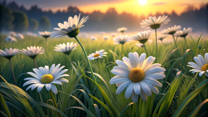 The landscape of white daisy blooms in a field, with the focus on the setting sun. The grassy meadow is blurred, creating a warm golden hour effect during sunset and sunrise time.