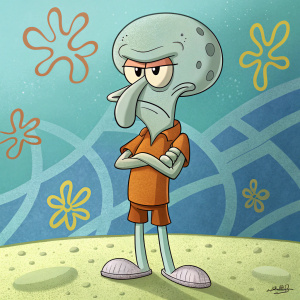 Angry Squidward Tentacles from SpongeBob SquarePants, standing tall in his iconic orange shirt. Background features a colorful sponge pattern with blue and yellow hues.