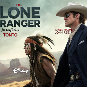 Dynamic poster for 'The Lone Ranger'. Johnny Depp as Tonto, Armie Hammer as John Reid. Disney logo.