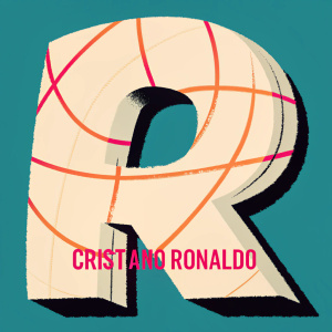 Cristiano Ronaldo's signature in bold, modern font against a sleek black background. The 'R' is creatively transformed into an abstract, spherical shape.