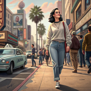 Katy Perry at a Hollywood event, casual outfit, jeans, sweater, walking on sidewalk, busy city street background.