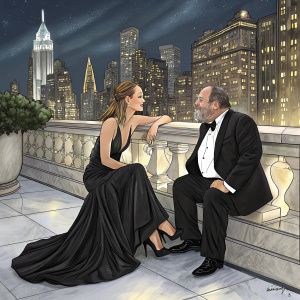 Olivia Wilde and Harvey Weinstein at a gala event. Olivia in a flowing black evening gown. Harvey in a tuxedo. They are sitting on a marble balcony with a cityscape view.