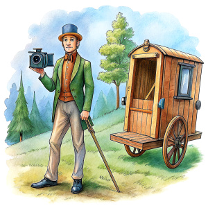 a man comes out of the carriage holding an antique camera on a tripod