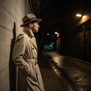 A man in a beige trench coat and fedora hat standing alone in a dimly lit alley. Serious expression.