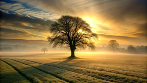 field tree winter sunrise mist