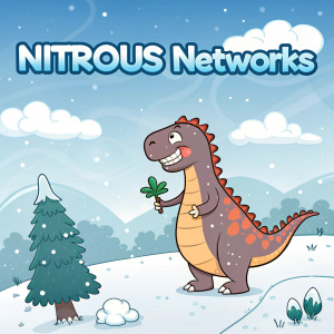 Nitrous Networks homepage, featuring a large cartoon dinosaur in a snowy landscape. The design is whimsical, promoting advanced gaming servers.