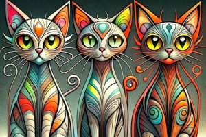 3 stylized cats with elongated bodies and large, expressive eyes, standing in a row. Each cat has a different color and size.
They are artistically represented, with long, thin bodies, and large, round eyes.
One is a larger dark gray with two small gray cats next to it.
Another tall yellow that stands out in the center.
Another smaller orange-red on the right.
Their eyes are disproportionately large compared to their bodies, giving them a cartoonish appearance.
The background is dark and feature