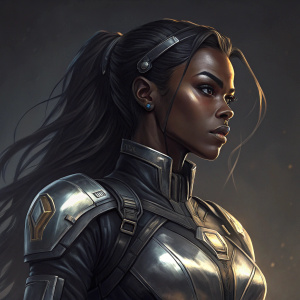 Detailed illustration of a female Overwatch character. Dark skin, long black hair, serious expression. Shiny metallic suit. Quiet, dark background.