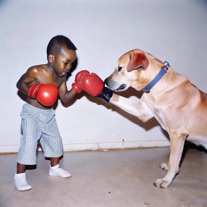 un perro boxeando con un nene africano
