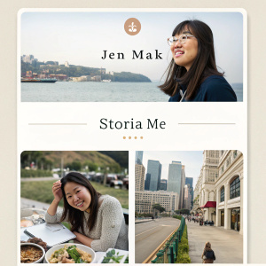 Jen Mak's Storia.me profile featuring multiple content sections, each with photos and text. Neatly organized in a collage format.