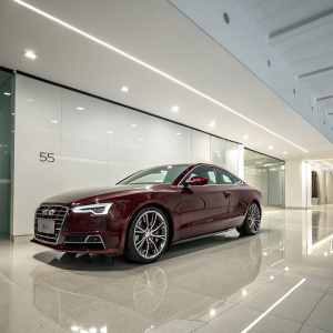 Maroon Audi A5 parked in a sleek, modern interior showroom. Clean, white walls and polished floors enhance the car's appearance.