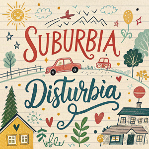 A colorful poster for 'Suburbia Disturbia' movie, featuring handwritten notes in Portuguese, cursive and block-style fonts, doodles, and illustrations of suburban scenes.
