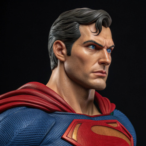 Close-up image of a detailed 1/6 scale Superman statue. Dark background emphasizing facial features and costume