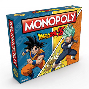 Dragon Ball Z themed Monopoly game box featuring Goku and Vegeta in action poses. Bright neon colors and dynamic comic-style artwork