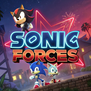 Official promotional poster for Sonic Forces video game featuring vibrant, neon colors. Text 'Sonic Forces' prominently displayed.