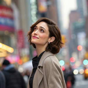 Emmy Rossum, with short brown hair and natural makeup, standing in front of a blurred, vibrant cityscape. She exudes warmth and elegance in a candid street photo.