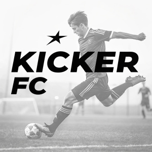 Graphic design for Kicker FC, a font tailored for sports applications. Demonstrated through dynamic visuals highlighting versatility and customization. Black typography on white background, ideal for sports scenarios.