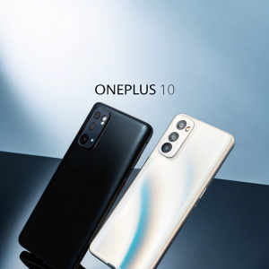 Promotional banner for OnePlus 10. Smartphone against vibrant blue and purple gradient background. Modern design with emphasis on camera features. Details include model name, storage, camera specs, and pricing. Sleek and contemporary aesthetic.