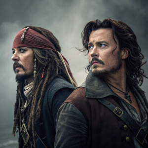 Social media post featuring John Campbell's profile update. Jack Sparrow from Pirates of the Caribbean, along with another male actor, in a dramatic grayscale backdrop. Cinematic and dramatic style.