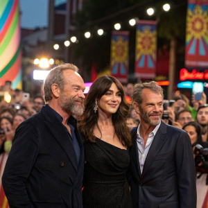Hugo Weaving, Monica Bellucci, and Lambert Wilson at a vibrant film festival. Crowds of enthusiastic fans and flashing cameras