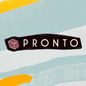 Modern logo featuring the word 'PRONTO' in a sleek, sans-serif font. The text is white on a deep blue background. A small, geometric purple shape sits to the left of the text, creating a clean and impactful design.