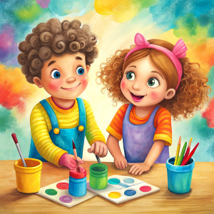 niño y niña coloreando