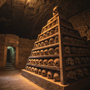 In the dimly lit hall, an ancient Aztec skull rack, Tzompantli, stood as a somber monument. Earthy tones of the skulls merged into the shadows while internal golden light revealed each skull's detailed texture, infusing the space with eerie mystique.