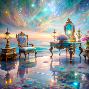 close masterpiece  dreamland light soft pastel color PRISM Effect antique furnitures room full of sea water clouds flowers   ultra intense crystal effect ultra glitter Photoshop Photo Manipulations  Holographic liquid Patent Spandex Vinyl   Dreamscape     very much glitter sparkly fantasized glam Sprinkle Shimmering Bioluminescent fairytale masterpiece  Magical   Shimmering   Ultra iridescence UV Glow Rainbow