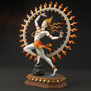 3D model of Shiva Nataraja. Dynamic pose, white body with orange highlights, flames around. Mounted on a traditional base. Dark background