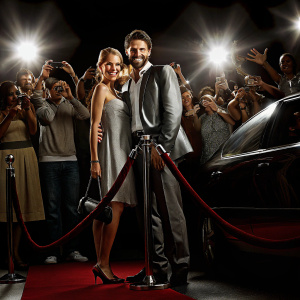 Chris Evans and Vinessa Shaw, smiling and posing together at a movie premiere. Crowd cheering in the background.