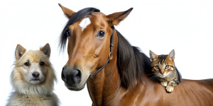 trois animaux : un chat un chien et un cheval