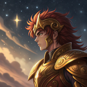 A digital artwork of Aiolia from Saint Seiya. He is young, with red hair and a fierce expression. Wearing golden armor with detailed designs. Set against a night sky filled with glowing stars and swirling clouds.