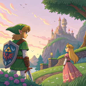 A detailed digital painting inspired by *The Legend of Zelda* series. The characters Link and Princess Zelda, alongside others from the game, are depicted in a colorful pixel art style. Set against a fantasy landscape, they engage in various poses.