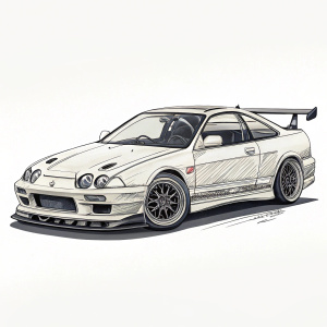Concept art rendering of the iconic Acura Integra DC2 from the Fast and Furious franchise. The illustration showcases the car's aerodynamic design with intricate detailing on the body, roofline, and wheel contours.