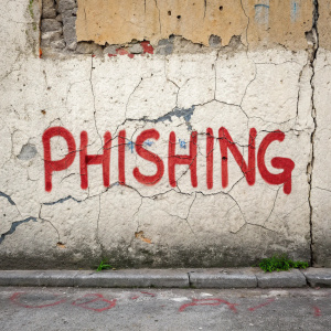 Bold graffiti on a weathered concrete wall. The word 'Phishing' stands out in bright red against the rough, cracked surface.