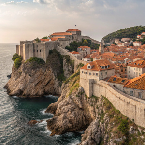In the picturesque city of Dubrovnik, Croatia, a tightly packed array of ancient buildings featuring terracotta roofs and intricate details stands on a rugged cliffside overlooking the sea.