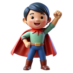 Full body portrait, Brave heroic arm up and powerful superhero, asian kid wearing a cape. isolatet transparent background