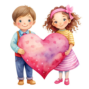 valentine,pink,liberty hold heart,white background,couple kids,no cloth