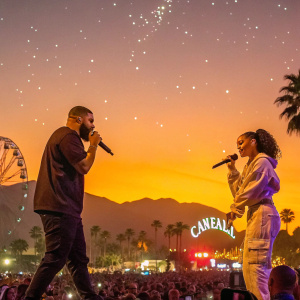 Drake and Rihanna, performing at Coachella. Golden desert sunset, crowded festival setting.