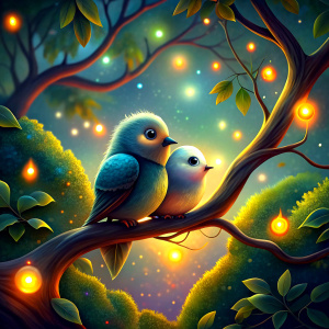 little birds hugging on a tree